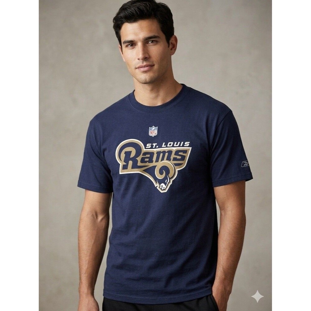Reebok St Louis Rams NFL T Shirt Mens Large Blue Gold Short Sleeve NWT Vintage